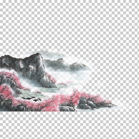 Ink wash painting Shan shui, Chinese wind and ink landscape water and rain peach material, mountains surrounded by pink flowers illustration PNG clipart | free cliparts | UIHere