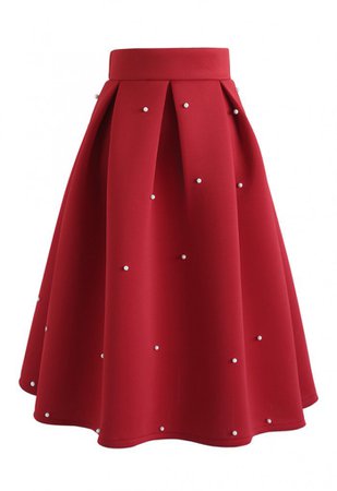 Pearls Bliss Airy Pleated Midi Skirt in Red - Skirt - BOTTOMS - Retro, Indie and Unique Fashion