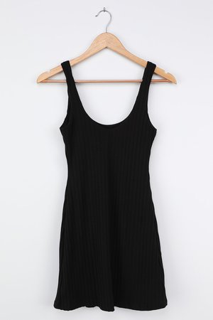 Black Mini Dress - Ribbed Bodycon Dress - Scoop Neck Dress
