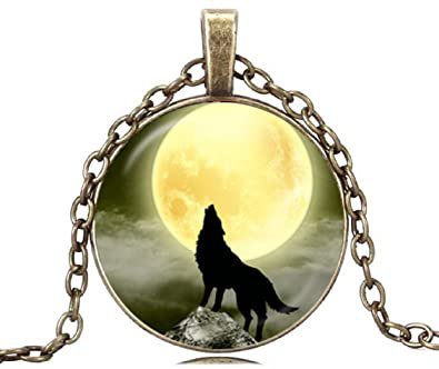 New Fashion Design Amazing Lone Wolf Necklace Glass Dome Howling Wolf Moon Necklace Wolf Necklace Men (Golden) | Amazon.com