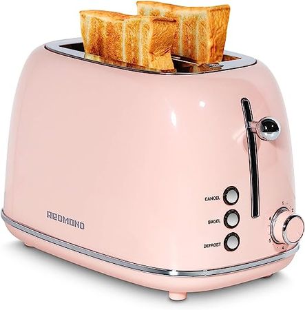 REDMOND 2 Slice Toaster Retro Stainless Steel Toaster with Bagel, Cancel, Defrost Function and 6 Bread Shade Settings Bread Toaster, Extra Wide Slot and Removable Crumb Tray, Pink, ST028