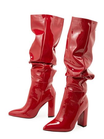 Women's Chunky Heel Side Zip Design Pointed Toe Patent Leather Knee-length Boots In WHITE | ZAFUL 2023