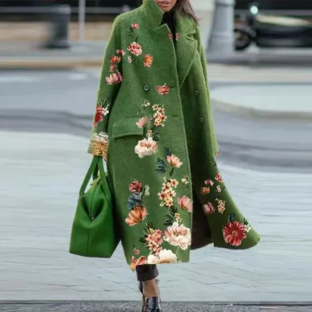Autumn Winter Women Long Cardigan Coat Elegant Floral Print Women Long Jacket Fashion Elegant Blend Wool Long Sleeve Pocket Coat - WINGHT
