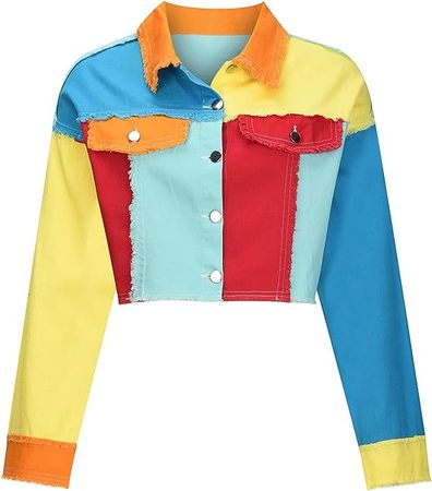 Women's Fashion Contrast Colorblock Raw Cut Denim Jacket at Amazon Women's Coats Shop