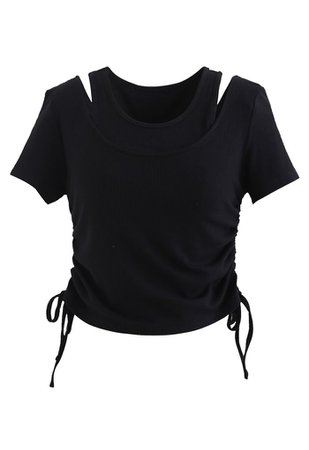 Fake Two-Piece Drawstring Crop Top in Black - Retro, Indie and Unique Fashion