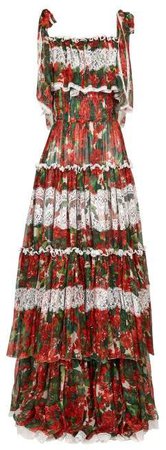 Tiered Geranium Print Silk Blend Chiffon Gown - Womens - Red Multi