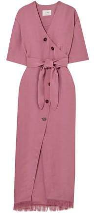 Belted Frayed Satin-twill Midi Dress