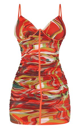 Orange Marble Print Mesh Ruched Underwire Bodycon Dress | PrettyLittleThing USA
