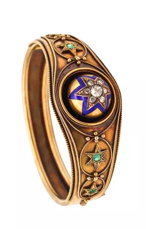 Victorian 1870 Etruscan Revival Enamel Star Bracelet in 15kt Gold with Diamonds For Sale at 1stDibs | victorian bracelet, descendants royal wedding charm bracelet