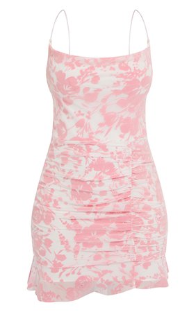 Pink Flocked Strappy Frill Hem Bodycon Dress | PrettyLittleThing