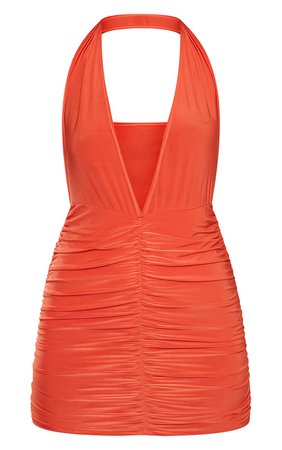 Orange Extreme Plunge Halterneck Bodycon Dress | PrettyLittleThing USA