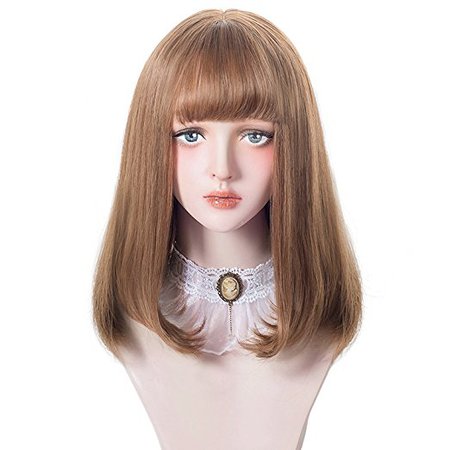 Straight Bob Wig with Bangs - Cosplay Costume Brown Long Bob Wigs For Women, Natural Looking Synthetic Hair Lolita Style For Halloween, Theme Parties and Daily