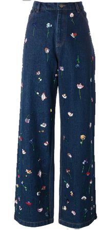 wide leg embroidered flower jeans
