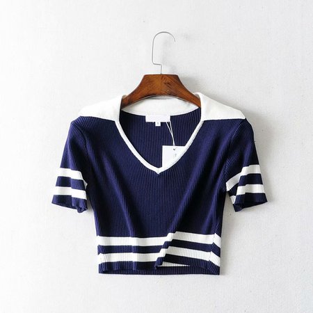Preppy School Women Vintage Turn down Collar Knitted Short Sleeve Crop T shirt Navy V neck Women Slim Striped Crop Tee-in T-Shirts from Women's Clothing on Aliexpress.com | Alibaba Group
