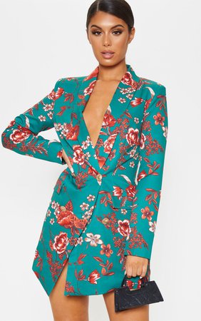 Sage Green Floral Print Gold Button Blazer Dress | PrettyLittleThing USA