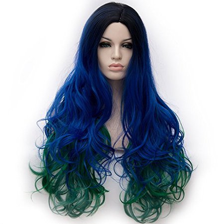Alacos Synthetic 75CM Long Curly Rainbow Color Ombre Halloween Costumes Cosplay Harajuku Wigs for Women Lady Girl +Free Wig Cap (Royal Blue Ombre)