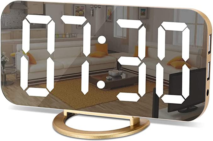 Amazon.com: Digital Alarm Clock,LED and Mirror Desk Clock Large Display,with Dual USB Charger Ports,3 Levels Brightness,12/24H,Modern Electronic Clock for Bedroom Home Living Room Office - Gold : Home & Kitchen