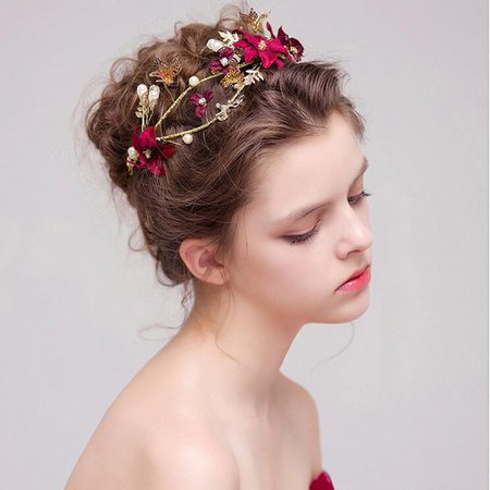 European Style Gold Dark Red Flower Brides Quinceanera Headbands Sparkling Pearls Crowns Tiaras Hand end Wedding Hair Accessoies|quinceanera headbands|pearl crowns tiarascrown tiara - AliExpress