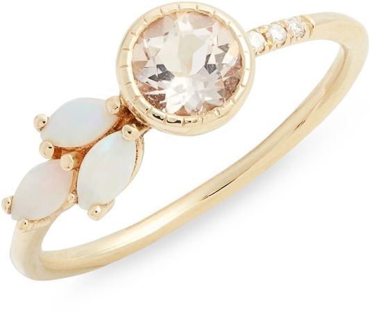 Morganite, Diamond & Opal Leaf Ring