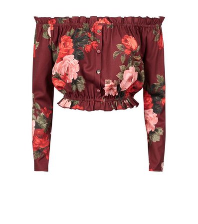 New Look Red Floral Bardot Party Crop Top