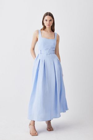 Linen Seamed Detail Full Skirted Midi Dress | Karen Millen