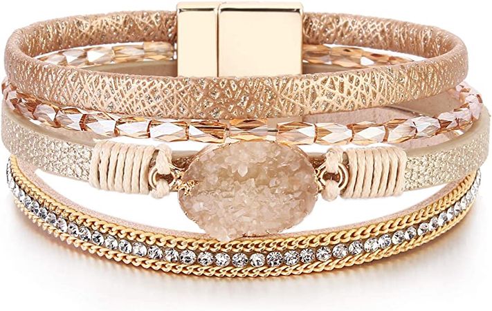 Amazon.com: FANCY SHINY Leather Wrap Bracelet Boho Cuff Bracelets Crystal Bead Bracelet with Clasp Jewelry Gifts for Women Teen Girls(7.7", Gold): Clothing, Shoes & Jewelry