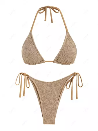 ZAFUL Women's Floral Jacquard Textured Triangle Halter Neck Tie Side String Tanga Bikini Set Swimwear In LIGHT COFFEE | ZAFUL 2024