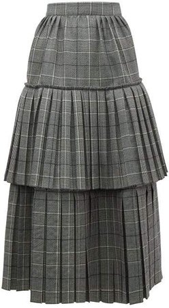 Prince Of Wales Check Pleated Tiered Wool Skirt - Womens - Grey Multi