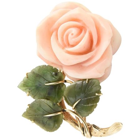 Gold Coral Rose Flower With Jade Leaves Brooch