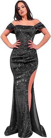 Amazon.com: POMUYOO Women's Sequin Mermaid Prom Dress with Sleeves Pleated Formal Evening Gowns with Slit YG278 : Clothing, Shoes & Jewelry