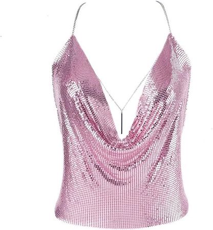 Sparkly Sexy Tops for Women Cowl Neck Crop Tank Tops Cami Body Chain Top Pink Purple at Amazon Women’s Clothing store