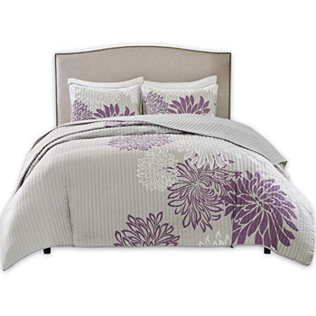 Comfort Spaces Enya 3 Piece Quilt Coverlet Bedspread Ultra Soft Floral Printed Pattern Bedding Set, Full/Queen, Purple-Grey: Home & Kitchen