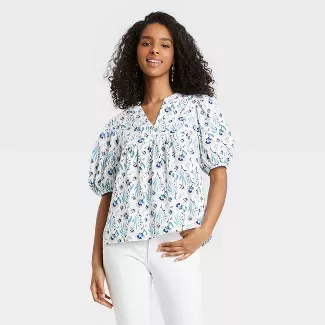 Women's Floral Print Puff Elbow Sleeve Blouse - Universal Thread™ : Target
