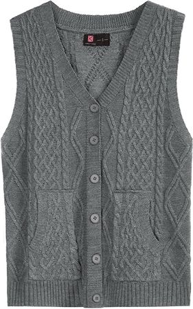 Women's Sleeveless Oversized Sweater Vest with Pockets Cable Knit Vintage Button Vest Top(Light Grey,S) at Amazon Women’s Clothing store