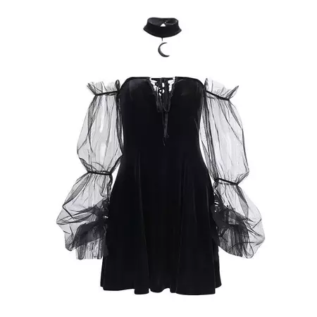 Off Shoulder Puff Sleeve Velvet Dress With Moon Choker - GothBB 2022 free shipping available