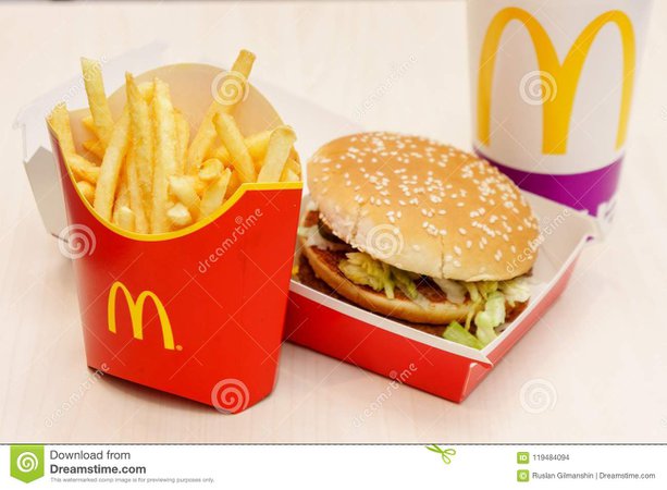 Moscow, Russia, March 15 2018: McDonald`s Big Mac Hamburger Menu, French Fries And Coca Cola Editorial Stock Image - Image of macdonald, cafe: 119484094