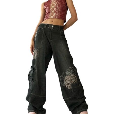walmart.com Frobukio Women Hip Hop Harajuku Trousers Retro Punk Boyfriend  Baggy Jeans Mid Waist Straight Denim Pants Black S - Walmart.com