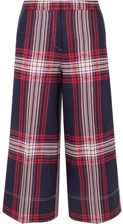 Ilan Cropped Checked Linen And Cotton-blend Wide-leg Pants - Blue