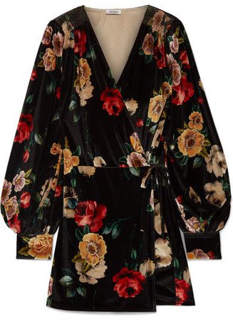 Floral-print Velvet Mini Wrap Dress - Black