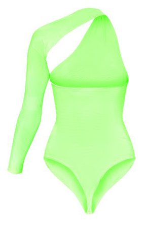 Neon Lime One Shoulder Asymmetric Bodysuit | PrettyLittleThing