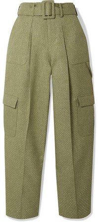 Belted Glittered Canvas Wide-leg Pants - Sage green