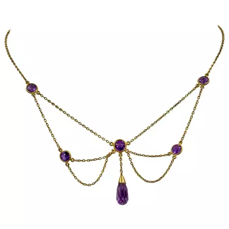 Victorian Siberian Amethyst Festoon Necklace Antique 14 Karat Gold Briolette For Sale at 1stDibs | antique festoon necklace, siberian amethyst necklace