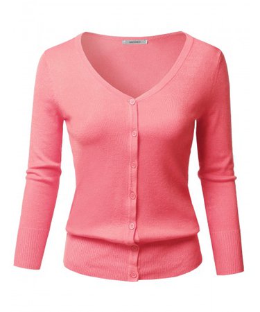 Women's Solid Button Down V-Neck 3/4 Sleeves Knit Cardigan | 13 Pink