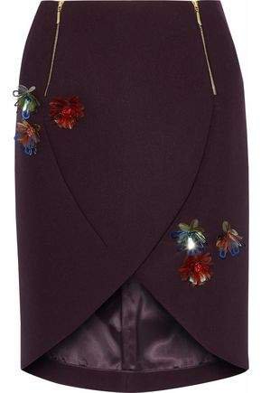 Wrap-effect Floral-appliqued Twill Mini Skirt