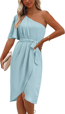 VOTEPRETTY Women's One Shoulder Cocktail Dress Ruched Bodycon Belted Short Sleeve Wedding Guest Dresses 2022 at Amazon Women’s Clothing store