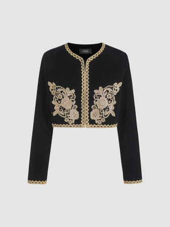black and gold flower and trim cropped jacket