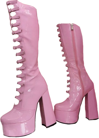 knee high pink buckle up boots