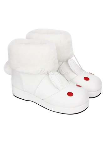 Lolitashow Sweet Lolita Boots White Faux Fur Rabbit Ear Cute Lolita Shoes For Winter - Lolitashow.com