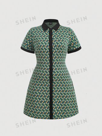 SHEIN MOD Plus Allover Print Contrast Trim Button Front Shirt Dress | SHEIN USA