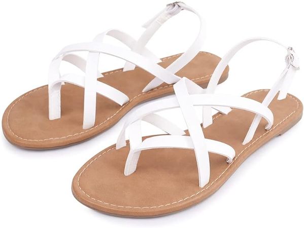 Amazon.com | Women's Gladiator Flat Sandals Fisherman Strappy Sandals Ankle Strap Sandals (White, 7) | Flats